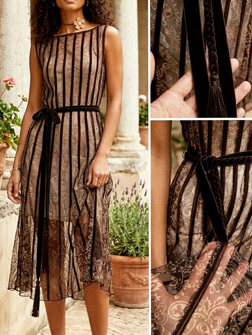 Sandra Darren🤎Sheer Brown Striped Sheer Dress with Braided Satin Sash